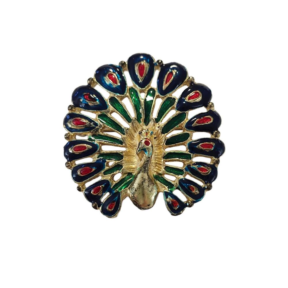 Vintage Blue and Green Enamel Peacock Brooch Pin, 2" Wide